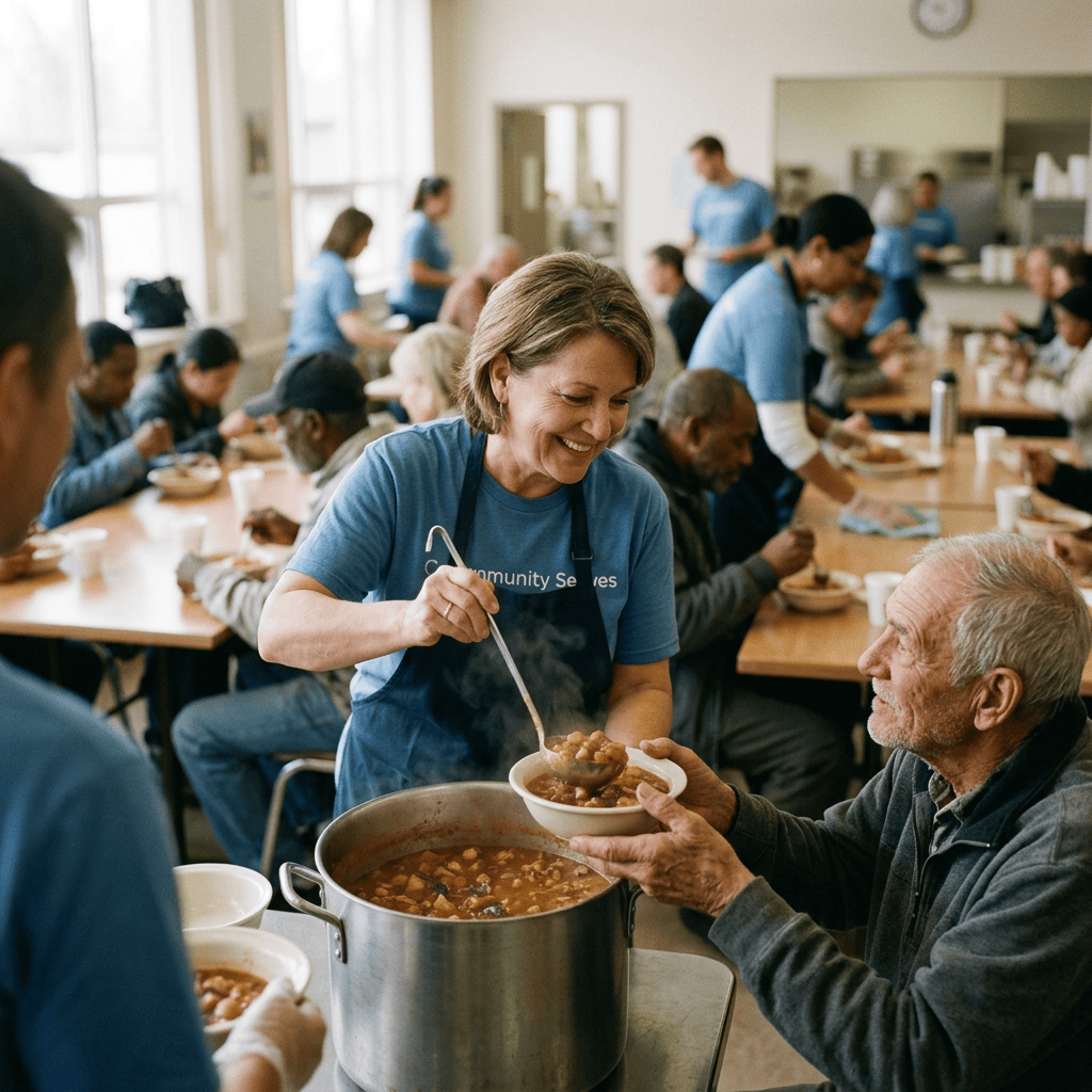 Volunteer serving stew to an older man at a community meal